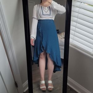 EUC Ivy May Blue Wrap Tie Belt High Low Skirt Size Small